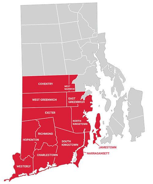 SmithCo Oil service area map covering South County, Rhode Island
